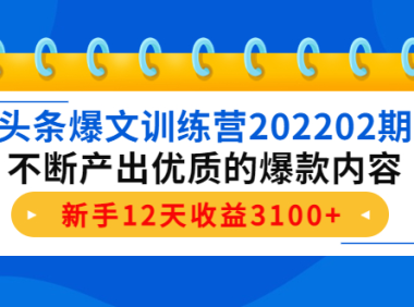(2754)头条爆文训练营202202期,不断产出优质的爆款内容,新手12天收益3100+