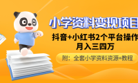 （赠送文件）小学资料变现项目，抖音+小红书2个平台操作，月入数万元（教程）
